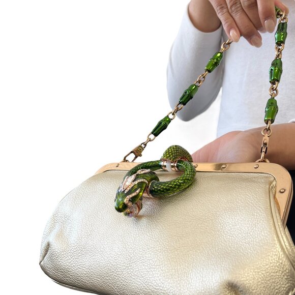 GUCCI Vintage 2004 Bamboo Chain Shoulder Bag Rhinestone Snake Gold [106051] - Picture 4 of 12